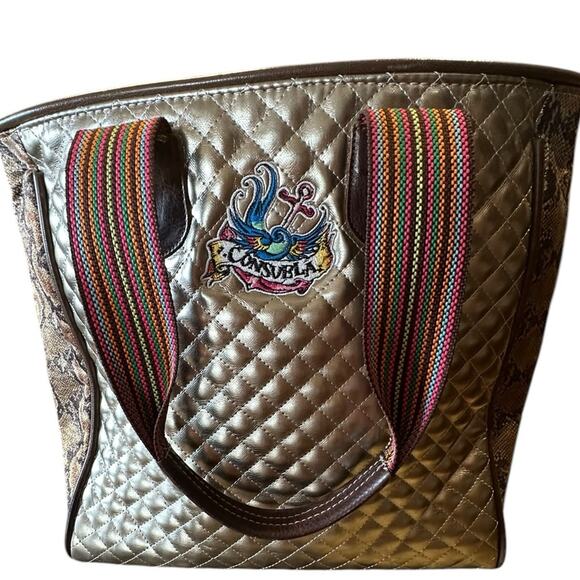 Consuela Women’s Quilted Gold Tote with Embroidered Floral & Logo Snakeskin End - Picture 1 of 11